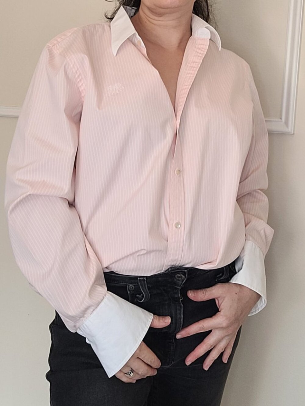 Vintage Rare Women's Lauren Ralph Lauren Pink Striped Button Down Shirt XL - Picture 2 of 11